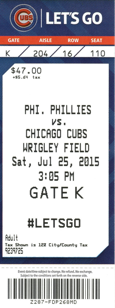 Chicago Cubs Ticket Stub 2015 07-25 Cole Hamels No Hitter Box Office Stock