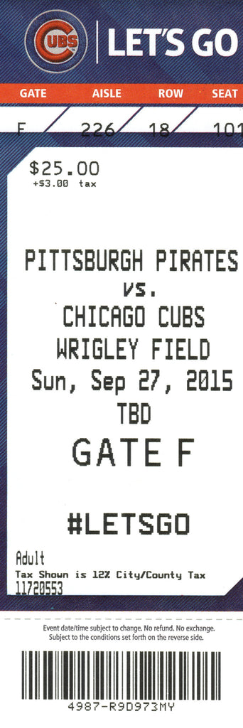 Chicago Cubs Ticket Stub 2015 09/27/15 Box Office Stock