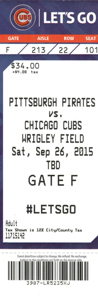 Chicago Cubs Ticket Stub 2015 09/26/15 Box Office Stock