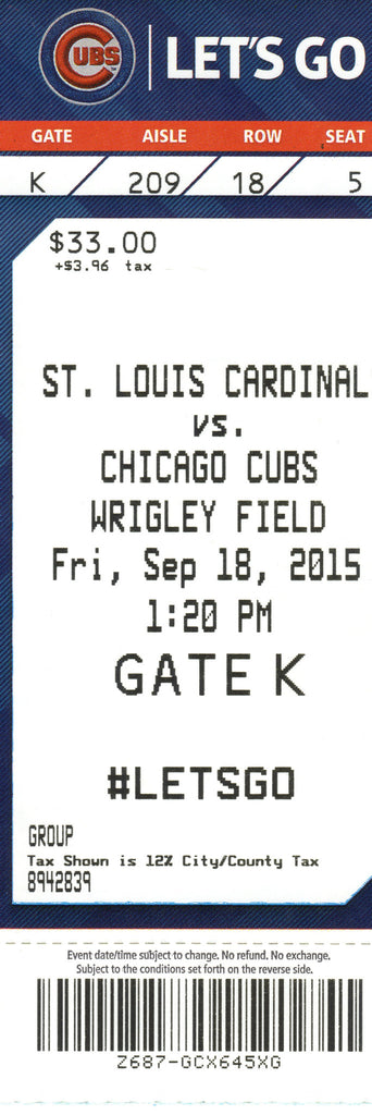 Chicago Cubs Ticket Stub 2015 09/18/15 Box Office Stock