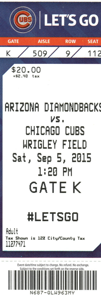 Chicago Cubs Ticket Stub 2015 09/05/15 Box Office Stock