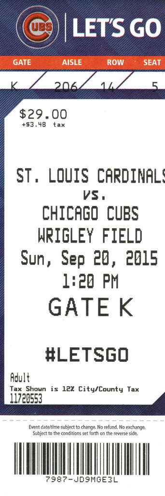Chicago Cubs Ticket Stub 2015 09/20/15 Box Office Stock