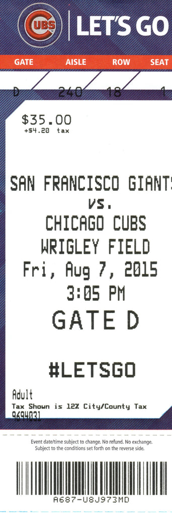Chicago Cubs Ticket Stub 2015 08/07/15 Box Office Stock