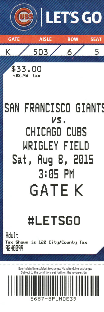 Chicago Cubs Ticket Stub 2015 08/08/15 Bryant Home Run Box Office Stock