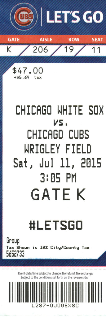 Chicago Cubs Ticket Stub 2015 07/11/15 Box Office Stock