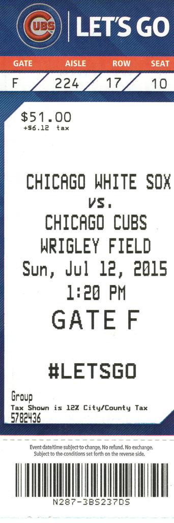 Chicago Cubs Ticket Stub 2015 07/12/15 Arrieta Home Run Box Office Stock