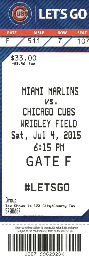 Chicago Cubs Ticket Stub 2015 07/04/15 Bryant 2 Home Runs Box Office Stock
